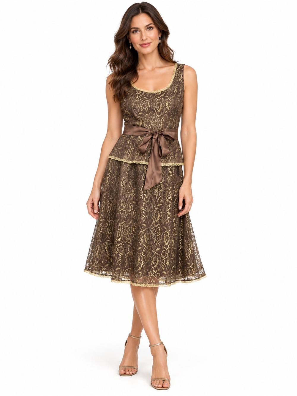 Papell Studio 2-Piece Skirt Set Top M Skirt S Brown Gold Metallic Lace NWT
